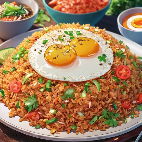 nasi goreng,spanish rice,arroz con pollo,thai fried rice,kimchi fried rice,yeung chow fried rice,arroz con gandules,rice with fried egg,rice with minced pork and fried egg,egg wrapped fried rice,jollof rice,prawn fried rice,spiced rice,special fried rice,fried rice,arroz a la cubana,paella,arroz a la valenciana,kabsa,rice dish,Illustration,Japanese style,Japanese Style 03