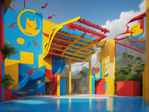 underwater playground,water park,3d rendering,bouncing castle,3d render,play area,inflatable pool,children's playground,bouncy castle,dug-out pool,swimming pool,render,dolphinarium,diamond lagoon,bounce house,outdoor play equipment,outdoor pool,white water inflatables,play yard,3d rendered,Photography,General,Realistic