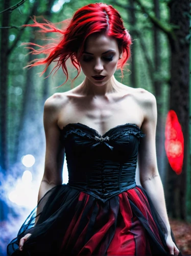 ballerina in the woods,fae,red riding hood,faery,evil fairy,gothic woman,little red riding hood,the enchantress,faerie,dark gothic mood,gothic fashion,red gown,vampire woman,splintered,red-haired,redhead doll,gothic portrait,goth woman,gothic dress,red lantern,Photography,Artistic Photography,Artistic Photography 04