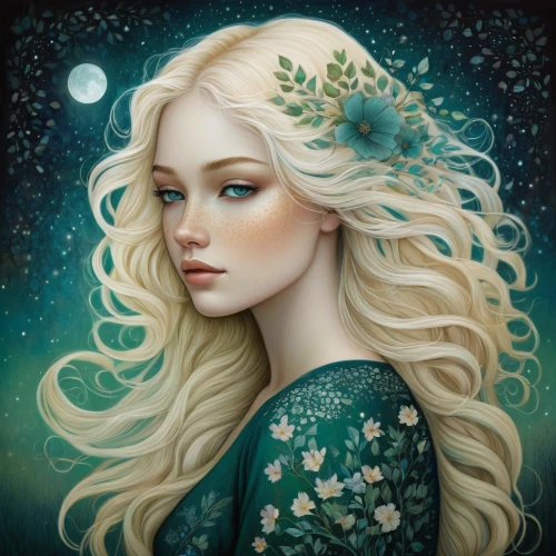 fantasy portrait,mystical portrait of a girl,elsa,faery,fairy queen,faerie,the snow queen,fantasy art,white rose snow queen,elven flower,green mermaid scale,virgo,romantic portrait,flora,boho art,the enchantress,zodiac sign libra,fairy tale character,dryad,aurora,Illustration,Abstract Fantasy,Abstract Fantasy 19