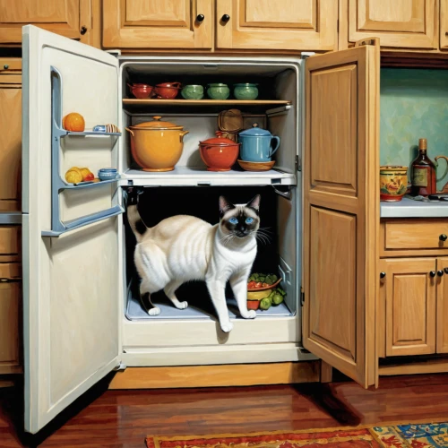 kitchen cabinet,siamese cat,refrigerator,major appliance,kitchen appliance accessory,dishwasher,domestic animal,domestic cat,kitchen appliance,fridge,galley,oven,pet food,appliances,home appliances,cat image,appliance,home appliance,plummer terrier,household appliance accessory,Illustration,American Style,American Style 01