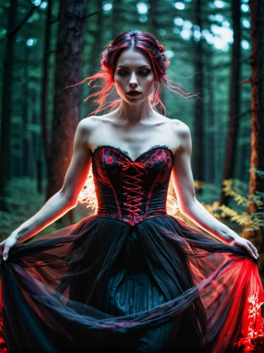 ballerina in the woods,red riding hood,faery,fae,gothic fashion,red gown,queen of hearts,gothic woman,faerie,gothic dress,vampire woman,little red riding hood,mystical portrait of a girl,gothic portrait,the enchantress,fairy queen,vampire lady,sorceress,dark gothic mood,conceptual photography,Photography,Artistic Photography,Artistic Photography 04