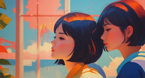 two girls,白斩鸡,study,taipei,painting work,gradient effect,digital painting,detail shot,japanese wave,blue painting,painting pattern,portrait background,colorful background,dribbble,world digital painting,japanese floral background,color picker,shirakami-sanchi,asian vision,saturated colors,Conceptual Art,Fantasy,Fantasy 19