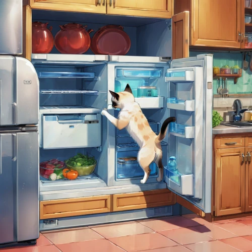 domestic cat,fridge,refrigerator,cat cartoon,freezer,cat food,big kitchen,cat vector,kitchen cabinet,pet food,kitchen appliance accessory,domestic animal,cat supply,frozen food,looking for food,cat frame,cartoon cat,for pets,appliance,galley,Illustration,Japanese style,Japanese Style 03