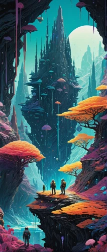 futuristic landscape,alien world,mushroom landscape,fantasy landscape,alien planet,lagoon,ice planet,mountain world,travelers,3d fantasy,digital nomads,vast,barren,cave,exploration,fractal environment,ice cave,blue caves,the blue caves,guards of the canyon,Illustration,Realistic Fantasy,Realistic Fantasy 12