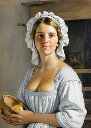 woman holding pie,girl with cereal bowl,girl with bread-and-butter,girl in the kitchen,girl with cloth,milkmaid,portrait of a girl,woman eating apple,woman with ice-cream,young woman,portrait of a woman,woman drinking coffee,bougereau,girl with a wheel,woman sitting,girl in a historic way,crème anglaise,jane austen,young girl,woman's hat