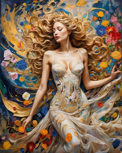 fantasy art,girl in flowers,art painting,oil painting on canvas,splendor of flowers,psychedelic art,falling flowers,fantasy picture,swirling,flower fairy,meticulous painting,gracefulness,italian painter,dried petals,faerie,secret garden of venus,scattered flowers,aphrodite,golden passion flower butterfly,oil painting,Illustration,Realistic Fantasy,Realistic Fantasy 39