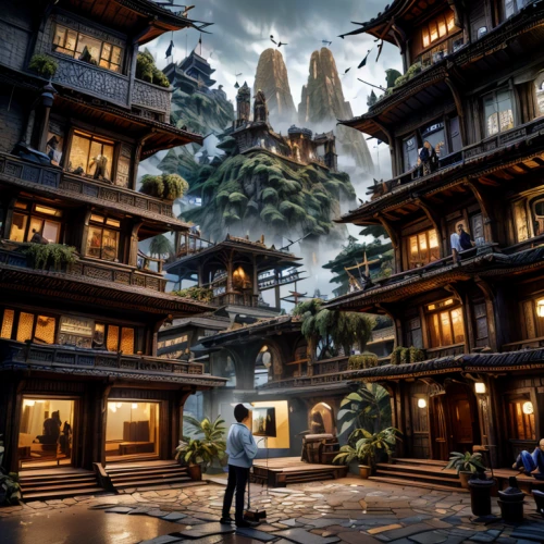 dragon palace hotel,asian architecture,chinese architecture,gaylord palms hotel,wild west hotel,hotel hall,kowloon city,shanghai,chongqing,hong kong,japan universal studio,kowloon,tigers nest,banff springs hotel,fantasy city,many glacier hotel,hashima,beautiful buildings,digital compositing,concept art