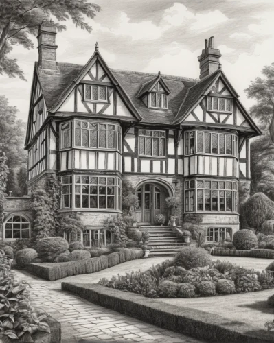 elizabethan manor house,house drawing,henry g marquand house,stately home,manor,garden elevation,half timbered,country house,victorian house,half-timbered,country estate,timber framed building,victorian style,pencil drawings,victorian,traditional house,manor house,listed building,tudor,knight house,Photography,General,Natural