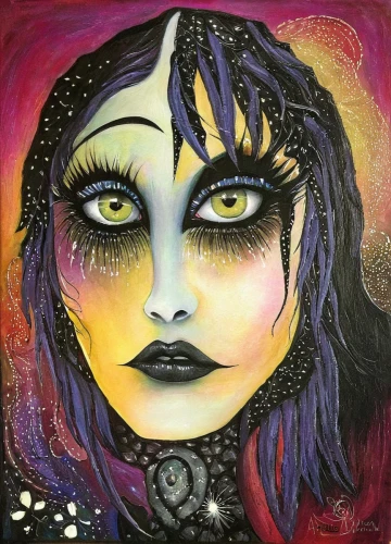 voodoo woman,boho art,cosmic eye,fantasy portrait,la violetta,painted lady,mystical portrait of a girl,la catrina,vampira,gypsy soul,zodiac sign libra,psychedelic art,la calavera catrina,queen of the night,zodiac sign gemini,the enchantress,fantasy woman,sugar skull,star mother,masquerade,Illustration,Abstract Fantasy,Abstract Fantasy 14