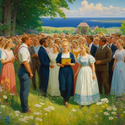 midsummer,the ceremony,sound of music,blessing of children,pilgrims,the order of the fields,church painting,wedding ceremony,ceremony,idyll,wedding photo,choral,holding flowers,holy communion,seven citizens of the country,garden party,jessamine,church choir,contemporary witnesses,serenade,Art,Classical Oil Painting,Classical Oil Painting 15