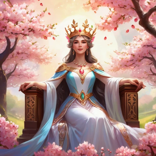 oriental princess,spring crown,queen crown,goddess of justice,japanese sakura background,heart with crown,queen s,jasmine blossom,portrait background,mulan,fantasy picture,fantasy portrait,crown render,priestess,queen,sacred lotus,spring background,sakura background,princess crown,fairy queen,Illustration,Realistic Fantasy,Realistic Fantasy 01