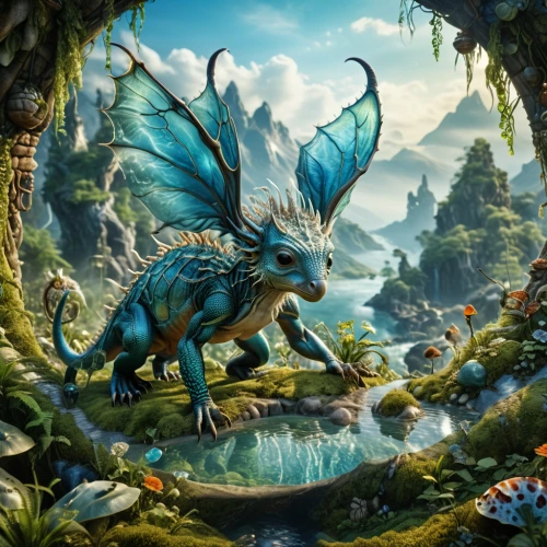 fantasy picture,fantasy art,forest dragon,fairy world,3d fantasy,faery,fantasy landscape,faerie,cynorhodon,green dragon,antasy,painted dragon,moraine,fantasy world,children's fairy tale,world digital painting,dragonflies and damseflies,fairies aloft,whimsical animals,children's background,Photography,General,Realistic