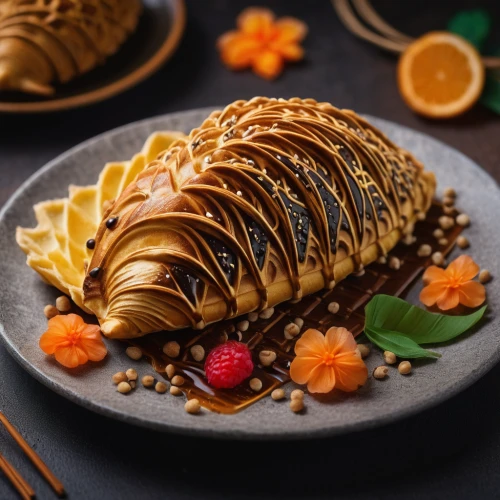 sfogliatelle,baked alaska,chocolate croissant,flaky pastry,mandarin cake,food photography,huaiyang cuisine,beef wellington,spring pancake,thai dessert,crêpe,ananas,durian spring roll,anago,pine cone pattern,christmas pastry,tofurky,mandarin sundae,apple strudel,tamagoyaki,Photography,General,Fantasy