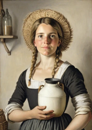 girl with cereal bowl,girl with bread-and-butter,girl in the kitchen,milkmaid,woman holding pie,milk pitcher,woman with ice-cream,woman drinking coffee,cooking pot,cheesemaking,girl with a wheel,girl with cloth,soy milk maker,basket maker,jug,milk jug,tea jar,holding cup,dutch oven,basket weaver