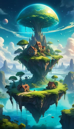 mushroom landscape,mushroom island,fantasy landscape,floating island,floating islands,futuristic landscape,an island far away landscape,flying island,fairy world,alien world,fantasy world,islands,bird kingdom,alien planet,druid grove,tree mushroom,islet,skyland,biome,island suspended,Illustration,Realistic Fantasy,Realistic Fantasy 01