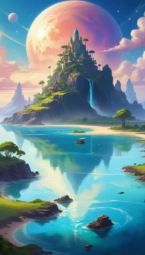 fantasy landscape,an island far away landscape,futuristic landscape,mushroom island,fantasy picture,floating island,fantasy world,world digital painting,3d fantasy,flying island,fantasy art,landscape background,floating islands,water castle,mushroom landscape,ancient city,island of fyn,islands,islet,dream world,Illustration,Realistic Fantasy,Realistic Fantasy 01