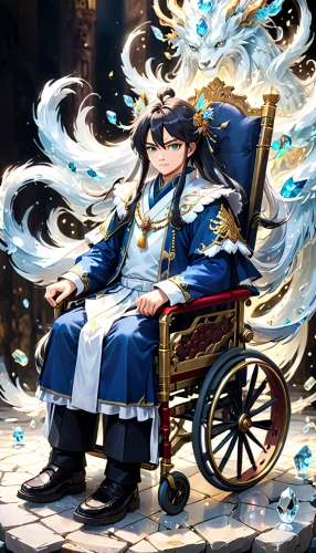 chariot,winterblueher,alibaba,kantai collection sailor,hamearis lucina,throne,薄雲,carriage,christmas ticket,blue pushcart,winter festival,christmas carol,blue snowflake,blue petals,blue rose,emperor,sitting on a chair,magi,guilinggao,wheelchair,Anime,Anime,Traditional