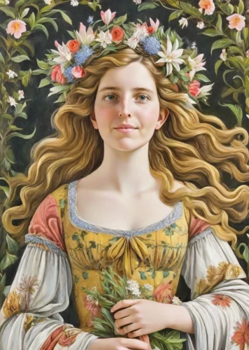 girl in flowers,girl in a wreath,girl in the garden,beautiful girl with flowers,girl picking flowers,portrait of a girl,flora,wreath of flowers,floral wreath,young woman,jessamine,blooming wreath,flower crown of christ,rapunzel,young girl,botticelli,flower girl,mystical portrait of a girl,girl in a historic way,mary-gold