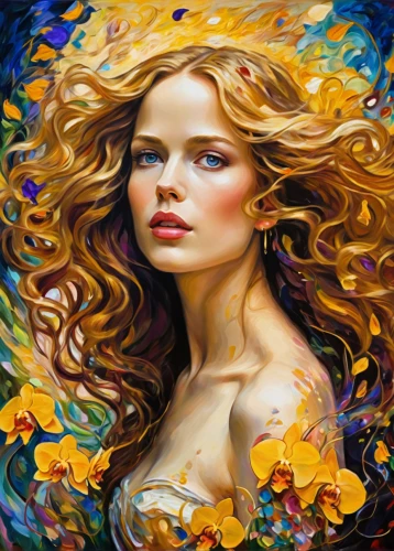 oil painting on canvas,art painting,golden haired,boho art,mystical portrait of a girl,oil painting,fantasy art,fantasy portrait,blonde woman,romantic portrait,young woman,golden flowers,world digital painting,gold yellow rose,golden wreath,italian painter,blond girl,portrait background,girl in flowers,portrait of a girl,Illustration,Realistic Fantasy,Realistic Fantasy 37