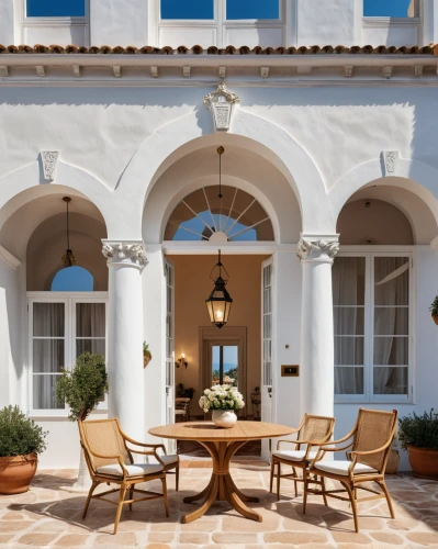 patio furniture,outdoor furniture,outdoor table and chairs,exterior decoration,outdoor dining,garden furniture,gold stucco frame,outdoor table,plantation shutters,stucco frame,stucco wall,spanish tile,holiday villa,patio,breakfast room,french windows,porch,house with caryatids,bay window,awnings,Photography,General,Realistic