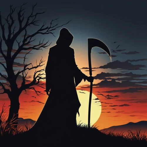 scythe,grim reaper,grimm reaper,halloween silhouettes,quarterstaff,silhouette art,halloween vector character,halloween background,halloween banner,halloween poster,dance of death,halloween illustration,game illustration,reaper,devil's walkingstick,witch broom,the witch,man silhouette,dusk background,halloween wallpaper,Illustration,Black and White,Black and White 31
