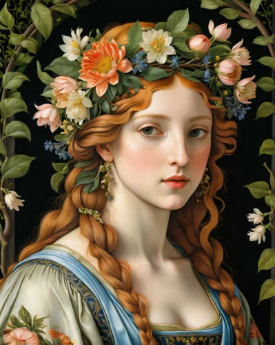girl in a wreath,girl in flowers,botticelli,floral wreath,flora,wreath of flowers,girl in the garden,girl picking flowers,rose wreath,jessamine,blooming wreath,beautiful girl with flowers,floral garland,spring crown,laurel wreath,flower wreath,floral ornament,portrait of a girl,david bates,artemisia,Art,Classical Oil Painting,Classical Oil Painting 34