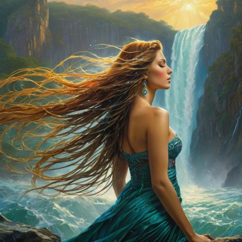celtic woman,the wind from the sea,mermaid background,merfolk,the blonde in the river,fantasy picture,fantasy art,flowing water,girl on the river,water nymph,flowing,green mermaid scale,rusalka,wind wave,fantasy portrait,water fall,waterfall,sea breeze,waterfalls,rapunzel,Conceptual Art,Fantasy,Fantasy 05