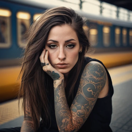 tattoo girl,the girl at the station,depressed woman,tattoos,portrait photography,with tattoo,portrait photographers,tattooed,train,worried girl,woman portrait,velvet elke,girl portrait,beautiful young woman,smoking girl,attractive woman,tattoo artist,girl in a long,rail track,young woman,Conceptual Art,Daily,Daily 22