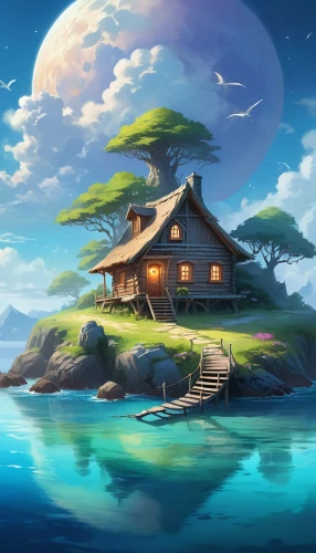 house by the water,house with lake,floating island,summer cottage,fisherman's house,lonely house,floating islands,home landscape,floating huts,house of the sea,cottage,an island far away landscape,fantasy landscape,studio ghibli,ancient house,houseboat,little house,islet,island suspended,flying island,Illustration,Realistic Fantasy,Realistic Fantasy 01