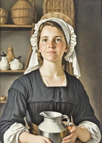 girl in the kitchen,woman drinking coffee,girl with cereal bowl,milkmaid,woman holding pie,girl with bread-and-butter,milk pitcher,laundress,girl with cloth,girl in a historic way,woman with ice-cream,pouring tea,portrait of a girl,soy milk maker,cleaning woman,café au lait,holding cup,vintage female portrait,portrait of a woman,girl in cloth