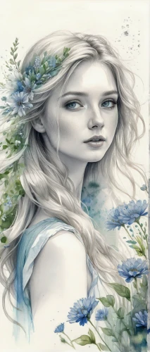 white rose snow queen,elven flower,faerie,faery,mayweed,girl in flowers,blue rose,blue enchantress,dryad,water rose,watercolor women accessory,fantasy portrait,jessamine,flora,virgo,silvery blue,holly blue,the snow queen,water forget me not,blue sow thistle