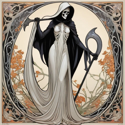 dance of death,scythe,grimm reaper,grim reaper,sorceress,danse macabre,widow flower,gothic woman,dead bride,art nouveau frame,angel of death,the enchantress,reaper,the witch,priestess,dark elf,halloween witch,widow,maiden,gothic portrait,Illustration,Retro,Retro 08