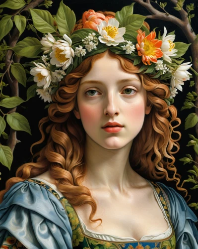 girl in a wreath,girl in flowers,laurel wreath,flora,dryad,jessamine,floral wreath,wreath of flowers,botticelli,girl in the garden,spring crown,portrait of a girl,blooming wreath,fantasy portrait,rose wreath,merida,girl with tree,mystical portrait of a girl,david bates,poison ivy,Art,Classical Oil Painting,Classical Oil Painting 19