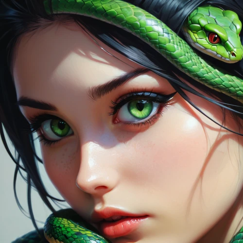 green snake,garter snake,medusa,green eyes,snake charming,green tree snake,snake kawaii,grass snake,emerald lizard,green mamba,pointed snake,snake,fantasy portrait,glossy snake,gorgon,smooth greensnake,anahata,snakebite,groundsnake,common garter snake,Conceptual Art,Fantasy,Fantasy 19