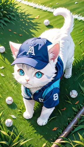 dodger dog,baseball player,baseball uniform,baseball,dodgers,cat with blue eyes,tea party cat,white cat,blue eyes cat,baseball coach,lawn ornament,aegean cat,baseball cap,doll cat,cute cat,cat kawaii,little cat,blossom kitten,baseball drawing,lucky cat,Anime,Anime,Realistic