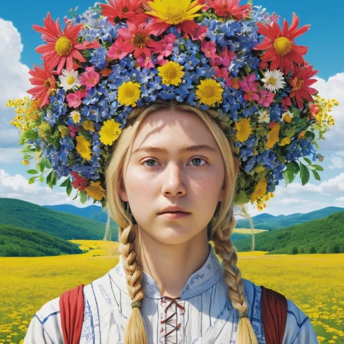 girl in flowers,girl in a wreath,kokoshnik,flower hat,bavarian swabia,moldova,wreath of flowers,sound of music,klyuchevskaya sopka,bornholmer margeriten,girl picking flowers,spring crown,ukrainian,ukraine,russian folk style,beautiful girl with flowers,girl with bread-and-butter,bavarian,portrait of a girl,valerian,Illustration,Japanese style,Japanese Style 05