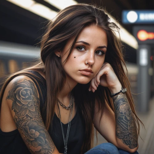 tattoo girl,tattoos,the girl at the station,tattooed,with tattoo,depressed woman,tattoo artist,sleeve,worried girl,tattoo,punk,girl portrait,tattoo expo,subway station,beautiful young woman,woman portrait,london underground,female model,young woman,rail track,Conceptual Art,Fantasy,Fantasy 32