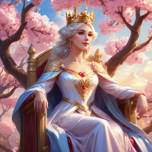 spring crown,white rose snow queen,fantasy portrait,heart with crown,elsa,golden crown,fantasy picture,the snow queen,queen crown,crown render,blossoming apple tree,a princess,portrait background,queen s,fairy queen,cg artwork,linden blossom,goddess of justice,white lilac,celtic queen,Illustration,Realistic Fantasy,Realistic Fantasy 01