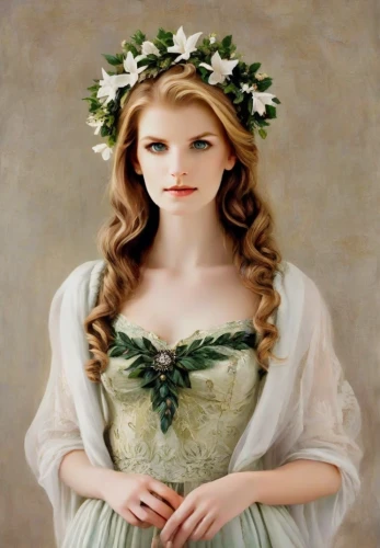 girl in a wreath,jessamine,laurel wreath,emile vernon,portrait of a girl,bouguereau,flower crown of christ,rose wreath,mystical portrait of a girl,girl in flowers,young woman,the angel with the veronica veil,marguerite,blooming wreath,floral wreath,green wreath,romantic portrait,milkmaid,young girl,wreath of flowers