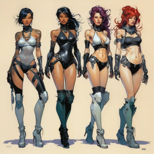 concept art,birds of prey,trinity,costume design,paper dolls,gladiators,volleyball team,harnesses,figure group,lancers,cuirass,latex clothing,game characters,armor,stand models,three d,comic characters,bad girls,massively multiplayer online role-playing game,girl group,Conceptual Art,Fantasy,Fantasy 08