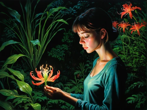 flower painting,flame flower,lotus blossom,torch lilies,tiger lily,flora,fireflies,lotus with hands,fire flower,lilies,girl in the garden,flame lily,girl picking flowers,lotus flowers,girl in flowers,lotus flower,lotus,lily flower,lotus hearts,sacred lotus,Illustration,Realistic Fantasy,Realistic Fantasy 32