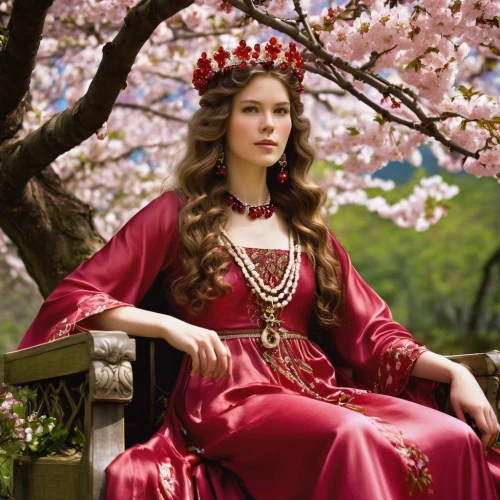 spring crown,princess sofia,miss circassian,queen anne,celtic queen,queen of hearts,fairy queen,russian folk style,heart with crown,scarlet witch,imperial coat,cepora judith,apple blossoms,oriental princess,imperial crown,queen crown,linden blossom,regal,crowned,rusalka,Illustration,Retro,Retro 01