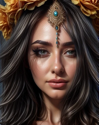 fantasy portrait,fantasy art,tiger lily,world digital painting,headdress,digital painting,boho art,cleopatra,gold crown,gold filigree,golden crown,zodiac sign libra,medusa,filigree,priestess,portrait background,diadem,ancient egyptian girl,crowned,retouching