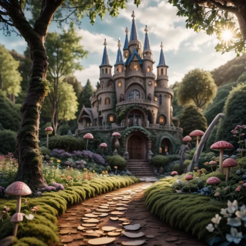fairy tale castle,fairytale castle,alice in wonderland,fairy world,wonderland,fairy village,fairy tale,fairytale,fairytale forest,a fairy tale,disneyland park,fairy forest,3d fantasy,fairy house,enchanted forest,fantasy world,clove garden,children's fairy tale,fantasy landscape,fairytales
