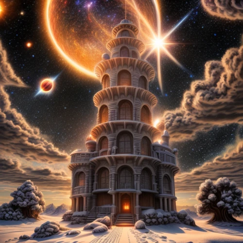 tower of babel,fairy chimney,fractals art,fantasy picture,whipped cream castle,astronomy,fractal environment,fantasy art,infinite snow,planetarium,stone pagoda,3d fantasy,ancient house,temples,astronomer,stargate,fantasy landscape,the gingerbread house,fractal,fractals