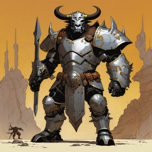 minotaur,armored animal,heroic fantasy,warlord,crusader,paladin,barbarian,greyskull,fantasy warrior,armored,half orc,knight armor,warrior and orc,cow horned head,dane axe,erbore,massively multiplayer online role-playing game,armor,heavy armour,mercenary,Illustration,American Style,American Style 06