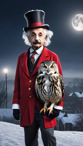 owl-real,ringmaster,image manipulation,christmas owl,owl background,photoshop manipulation,digital compositing,snow owl,hedwig,photo manipulation,large owl,hoot,circus animal,albert einstein,photomanipulation,einstein,owl,winter animals,owl nature,father frost,Photography,General,Realistic
