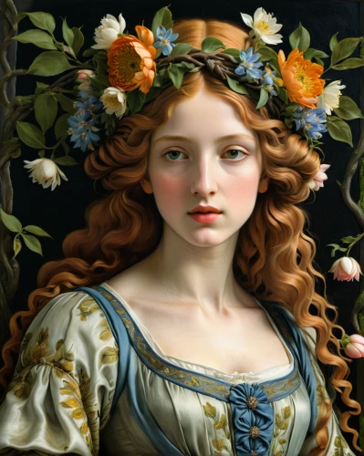 girl in a wreath,girl in flowers,wreath of flowers,laurel wreath,floral wreath,bouguereau,flora,jessamine,blooming wreath,portrait of a girl,rose wreath,flower girl,girl picking flowers,girl in the garden,spring crown,marguerite,beautiful girl with flowers,flower crown of christ,flower fairy,botticelli,Art,Classical Oil Painting,Classical Oil Painting 34