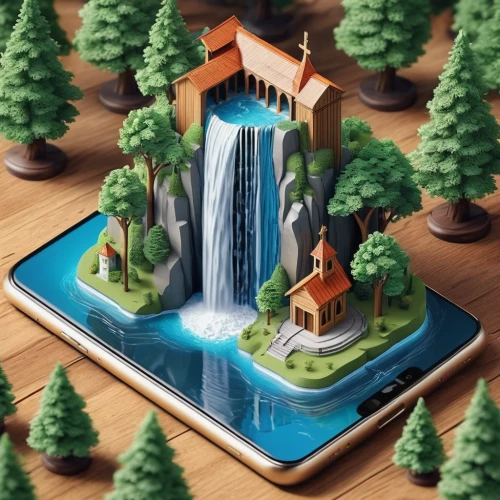 virtual landscape,game illustration,home landscape,forest background,landscape background,house in the forest,futuristic landscape,forest landscape,isometric,3d fantasy,log home,3d mockup,wishing well,water mill,mountain spring,cartoon forest,fantasy landscape,a small waterfall,mobile video game vector background,wooden mockup,Unique,3D,Isometric